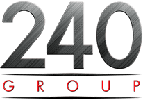 Logo with large metallic 240 above GROUP in red, inspired by JC's Country Diner Elwood Utah.