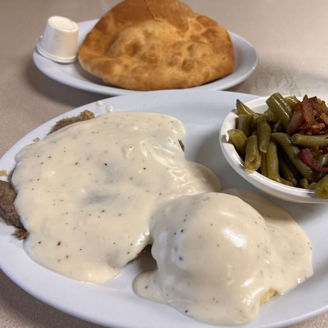 Chicken fried steak, potatoes, green beans, and biscuit at JC's Country Diner in Elwood, Utah.